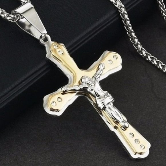 Classic Unisex Two tone Cross Pendant - Picture 3 of 12